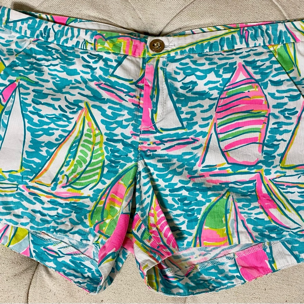 Lilly Pulitzer Pink and Blue Sailboat Shorts, Print “Ugotta Regatta “